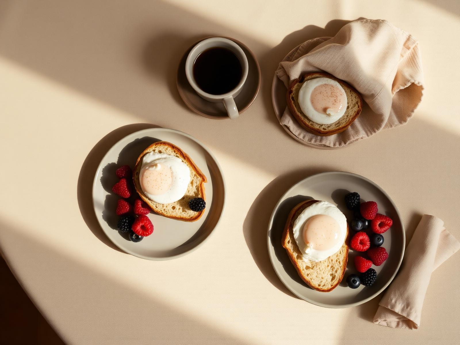 Brunchbord med surdejsbrød, æg og specialitetskaffe